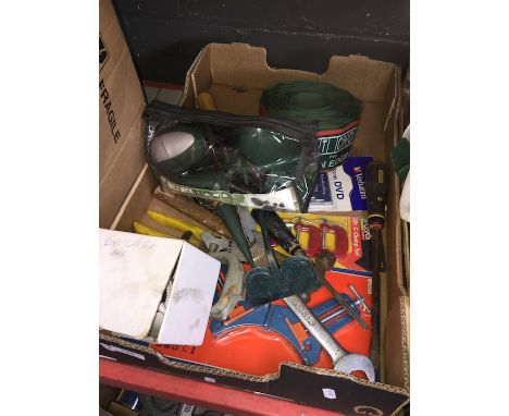 A box of assorted items including tools, plastic lawn edging, electric hair dryer etc 