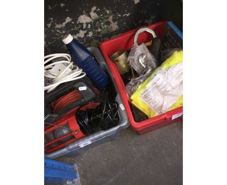 Two boxes of misc including electrical cable, inspection lamp, tools etc 