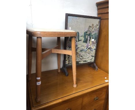 A stool and a tapestry fire screen 
