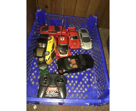 Box of Scalextric cars 2x Porsche turbo with lights 2xFerrari 430 Lamborghini Gallardo plus 1 remote rally and model Audi TT 