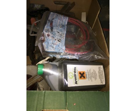 A box of misc tools and cables to include oiler, planes, blowtorch, etc. 