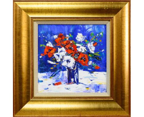 * JEAN FEENEY, RED AND WHITE ANEMONES acrylic on canvas, signed, titled label versoframed and under glassimage size 31cm x 31