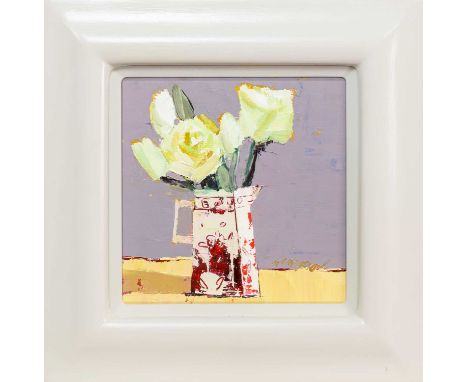 * MHAIRI MCGREGOR RSW (SCOTTISH b 1971) WHITE ROSES oil on board, signed, titled label versoframed and under glassimage size 