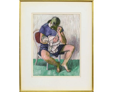 * LEON MORROCCO RSA RGI (SCOTTISH b. 1942), SEATED FIGURE WITH CHILD pastel on paper, signed and dated '74mounted, framed and