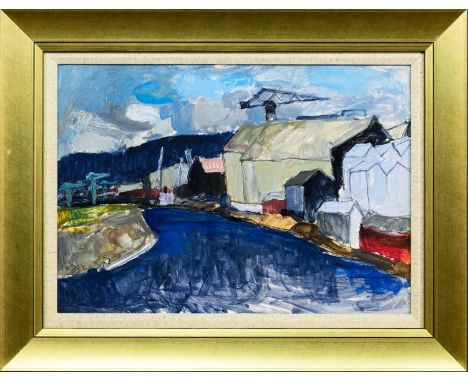 * SHEILA MACMILLAN DA PAI (SCOTTISH 1928 - 2018), CLYDE SHEDS oil on boardframed and under glassimage size 40cm x 57cm, overa