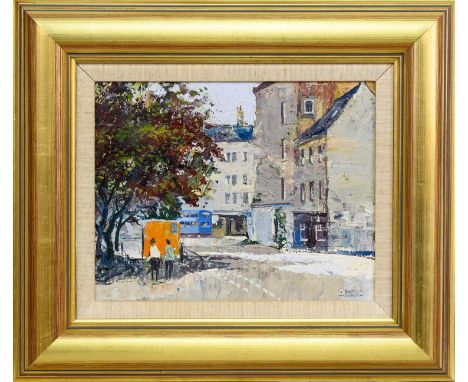 * DONALD M SHEARER (SCOTTISH 1925 - 2017), STREET SCENE oil on board, signedframedimage size 18cm x 23cm, overall size 32cm x