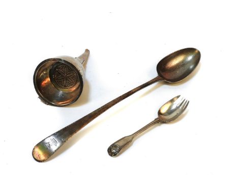 A George III wine funnel with removable strainer, a George III basting spoon, and a Victorian silver combination fork/spoon