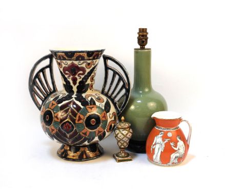 Sundry ceramics: a Zsolnay vase, 31cm high, a Chinese green vase table lamp, continental soldier on horseback, foliate basket