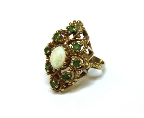 A 9ct gold opal and emerald lozenge shaped open cluster ring 6.53g