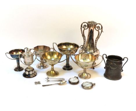 A small quantity of silver and plated items to include; the monty small cup awarded 1942-1978, two silver cased pocket watche