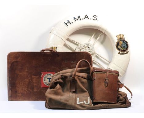 HMAS Hawkesbury Life Ring, painted with crests, a pair of binoculars, a suitcase, and a kitbag, enamel kitchenalia, Jaffle wa