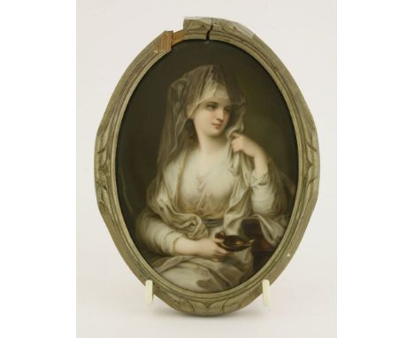 A German porcelain plaque, 19th century, with a portrait of a veiled woman, collector's label verso 'Vertalin, Johng Kanfmann