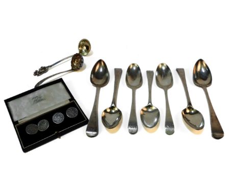 Georgian silver table spoons: a pair by George  Turner, Exeter, 1816, three by TE over GS, London, pre 1821, a pair by Hester