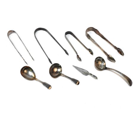Silver items to include three pairs of sugar tongs, one by Peter, Ann and William Bateman, London 1803, two caddy spoons, a s