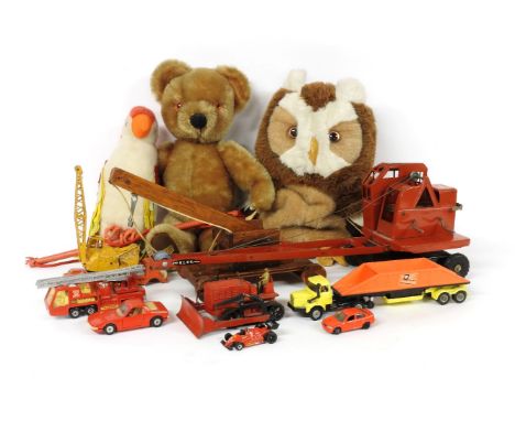 A Merrythought Gold Rush teddy, with growler, a Merrybright parrot, and an owl pyjama case, and a quantity of Triang, Dinky a