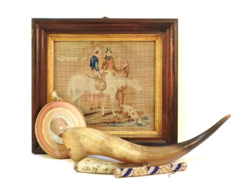 A large horn, horn power flask, bead /shell ornament, hair lock in oval frame and a needlework picture