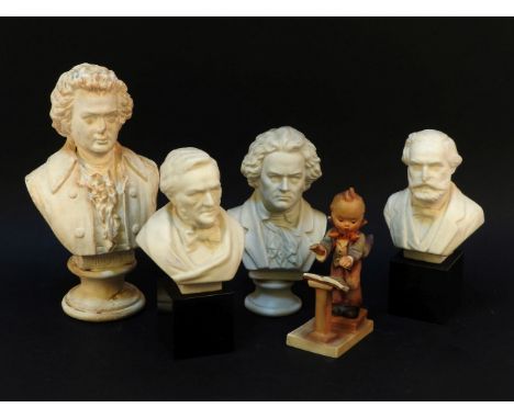 A Hummel figure of a young Beethoven, and four other busts of various composers