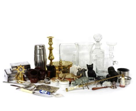 A quantity of miscellaneous items, including a Beswick cat, a brass candlestick, silver candle snuffer, Italian cocktail shak