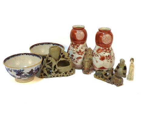A group of Chinese soapstone carvings, a pair of Japanese Kutani vases and two European ceramic bowls