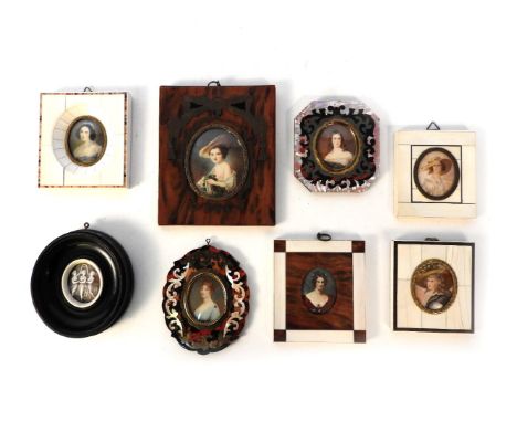 A collection of seven miniature female portrait studies, in various decorative frames, and one other FURTHER CATALOGUING NEED