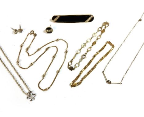 A 9ct gold filed curb link bracelet, a 9ct gold ball and curb link necklace, a single stone diamond knot link necklace, a pai