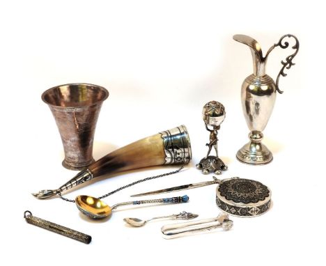 Continental silver, including a niello and 875 silver horn, a beaker (11cm), Russian gilt and enamel spoon, and silver plated