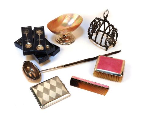 A 'sterling' cigarette case, six 1977 jubilee silver teaspoons, a fancy toast rack, toddy ladle, shell dish, brush and comb