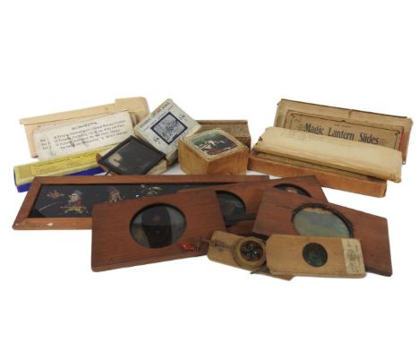 A collection of Magic Lantern slides, one depicting a boy jumping with a skipping rope, mechanical, others including mahogany
