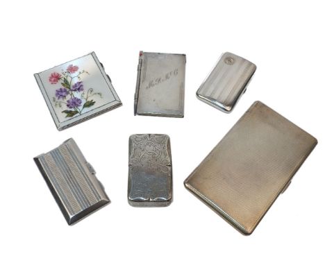 Four silver cigarette cases, one with painted enamel flower decoration, a Dutch(?) box, and a silver covered bridge notebook 