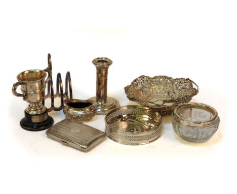 A group of miscellaneous silver items, comprising  a Victorian sweetmeat basket with swing handle, Birmingham, 1896, a George