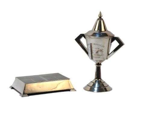 An Art Deco silver two handled trophy and cover, by Robert Pringle, 26cm tall, and an engine turned cigarette box