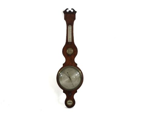 A George III mahogany and string banjo barometer, the silvered dial signed J Somalvico & Son, 91 Hatton Garden, Holborn, 110c
