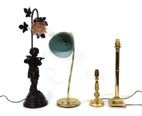 A figural table lamp, in the form of a girl playing the flute, and a quantity of brass table lamps, and wall lights