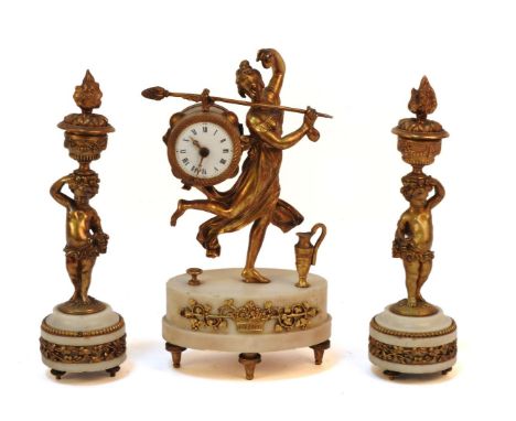 A 19th century French gilt metal and white marble clock garniture,the convex white enamel dial on female support and oval bas
