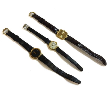 A ladies gold plated Raymond Weil quartz strap watch, with striped colour dial, model no.5730, a ladies gold plated Raymond W