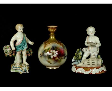 A Royal Worcester bottle vase, painted with roses, 12.5cm; a Chelsea/Derby type figure and another of a boy, 14cm holding a f