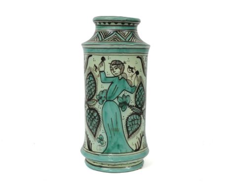 A Spanish pottery albarello style vase,  naively decorated with panels representing a lady and a fish, inscribed 'Siglo VIII 