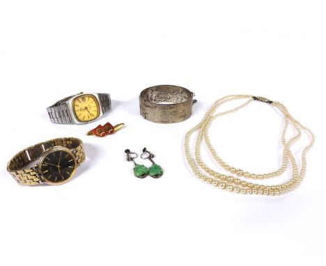 A pair of silver paste and carved jade drop earrings, cracked, a silver hinged bangle, together with a collection of costume 