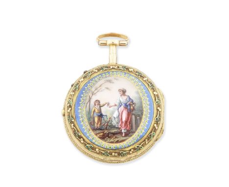 J. Coulin &amp; Amy Bry. A continental gold key wind pair case pocket watch with enamel decorationDate: Circa 1790Movement: G