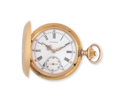 Longines. An 18K gold keyless wind full hunter pocket watchEngine turned hinged, plain cartouche to front within foliate bord