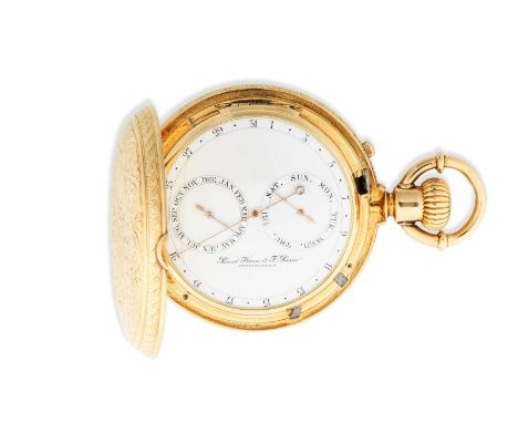 Picard Frères &amp; F. Russer, Chaux de Fonds. A continental gold keyless wind dual sided full hunter pocket watch with tripl