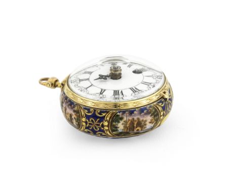 Johannes Van Ceulen, Hague. A fine and rare key wind pocket watch with Les Deux Frères Huaut polychrome enamel case depicting