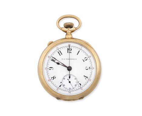 W. K. Vanderslice Co., New York. A 14K gold keyless wind open face split second chronograph pocket watchDate: Circa 1890Movem