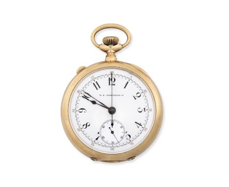 W. K. Vanderslice Co., New York. A 14K gold keyless wind open face split second chronograph pocket watchDate: Circa 1890Movem