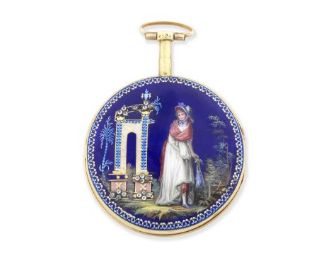 Abraham Amalric, Geneve. A gilt metal key wind open face pocket watch with enamel scene to reverseDate: Circa 1780Movement: G