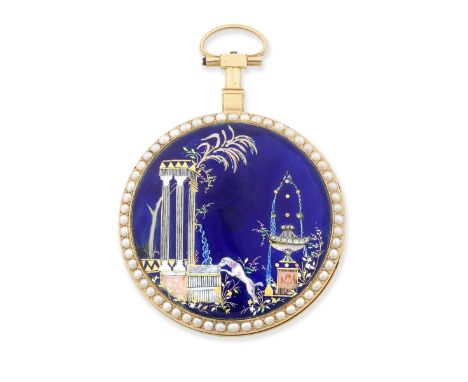 Chevalier et Compagnie. A gilt metal and seed pearl set key wind open face pocket watch with enamel decorationDate: Circa 187