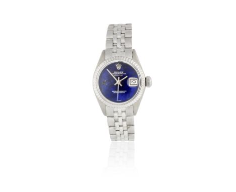 Rolex. A lady's 18K white gold automatic bracelet watch with lapis lazuli dialModel: DatejustReference: 6917Date: Circa 1973M