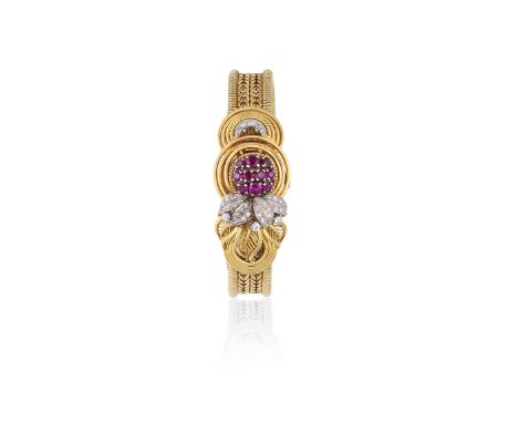 Rolex. An unusual lady's 18K gold diamond and ruby set manual wind bracelet watch with concealed dialModel: PrecisionDate: Ci
