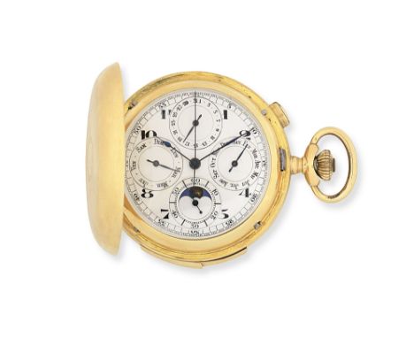 An 18K gold keyless wind triple calendar minute repeating chronograph pocket watch with moon phaseDate: Circa 1915Movement: S