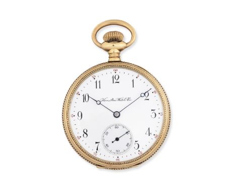 Hamilton Watch Co, Lancaster, PA. A 14K gold keyless wind open face pocket watchDate: Circa 1900Movement: Swiss lever, cut an